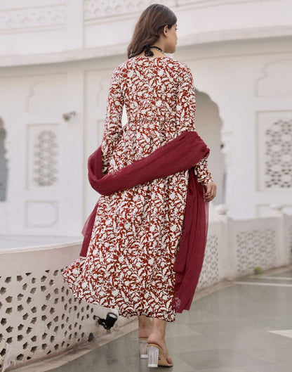 Maroon Printed Rayon A-Line Kurta With Pant And Dupatta