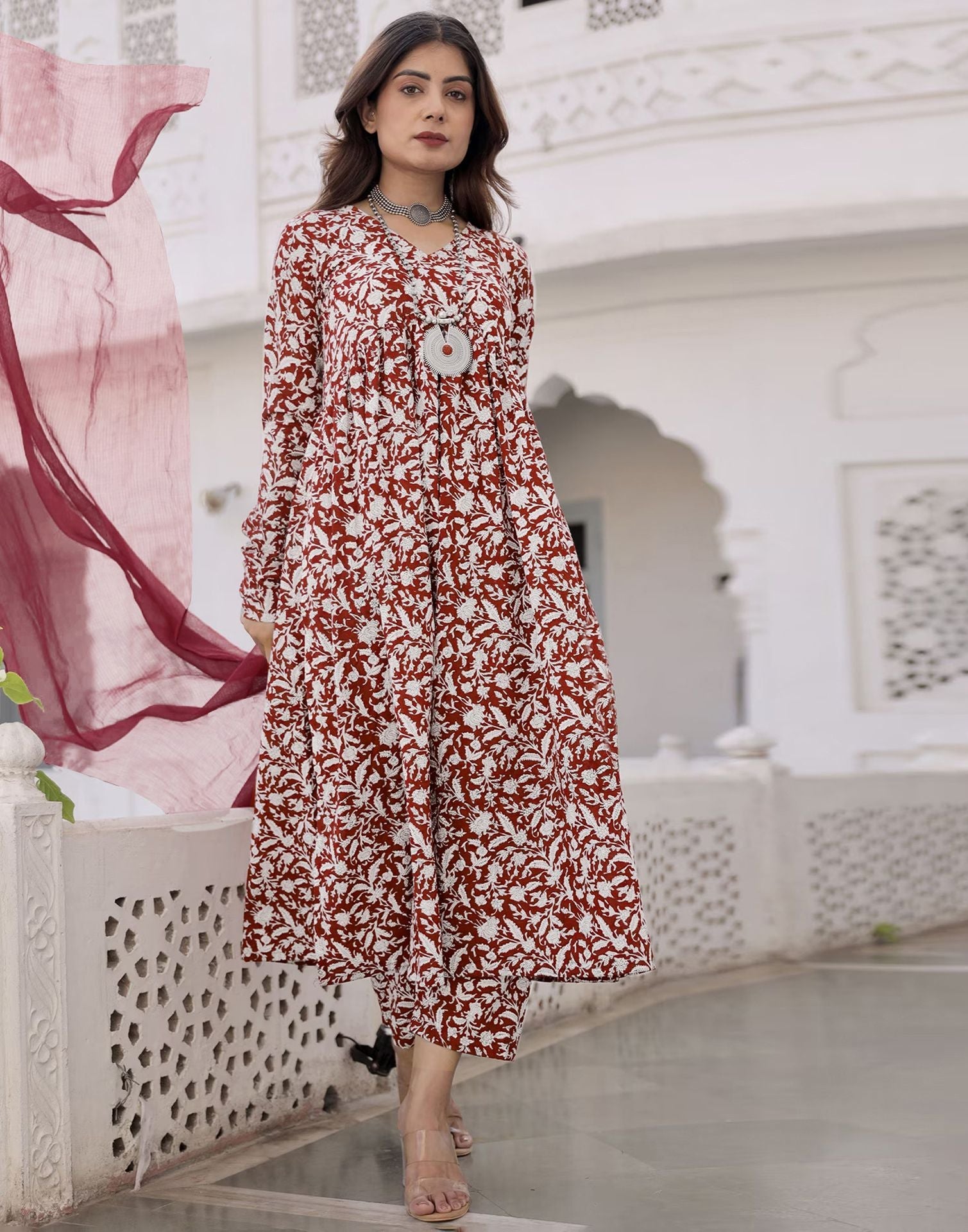 Maroon Printed Rayon A-Line Kurta With Pant And Dupatta