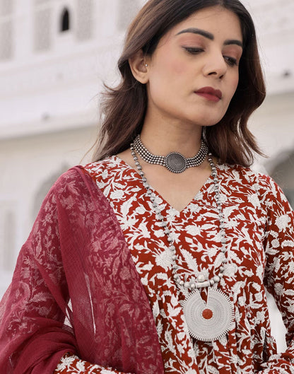 Maroon Printed Rayon A-Line Kurta With Pant And Dupatta