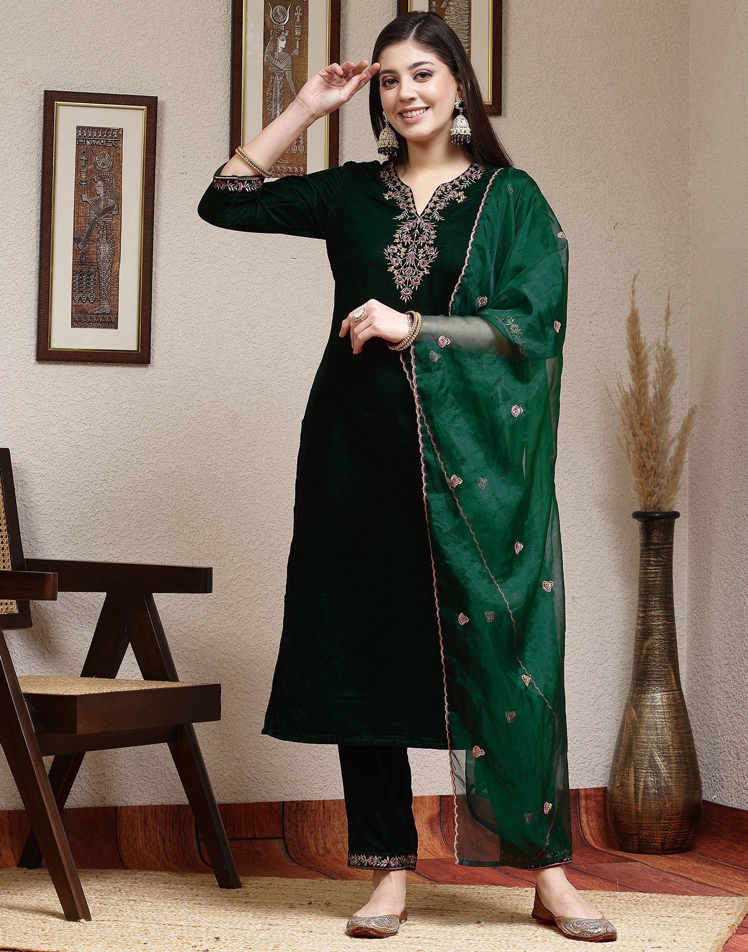 Dark Green Plain Velvet Straight Kurta Set With Dupatta