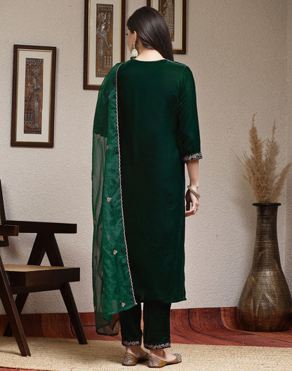 Dark Green Plain Velvet Straight Kurta Set With Dupatta