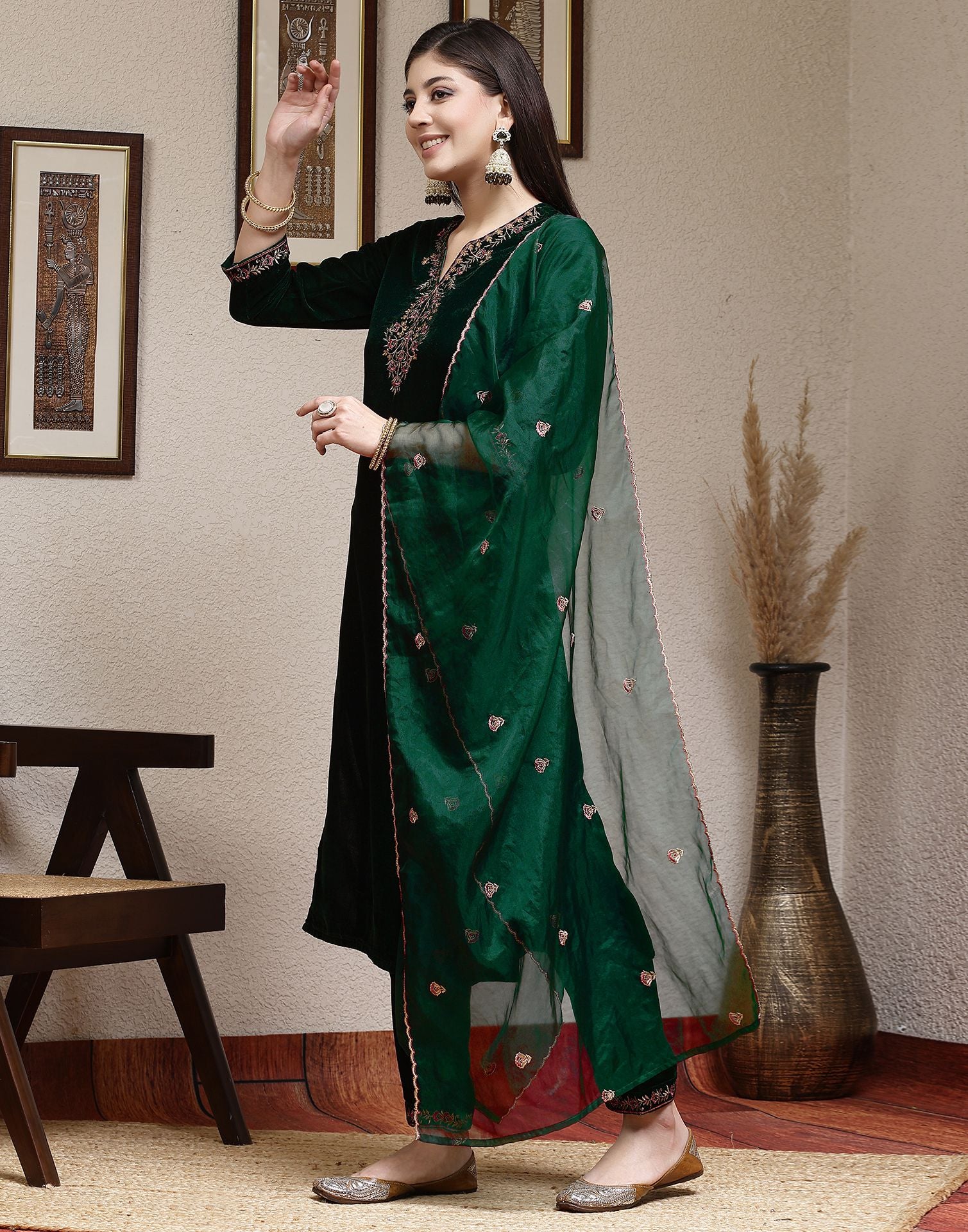 Dark Green Plain Velvet Straight Kurta Set With Dupatta