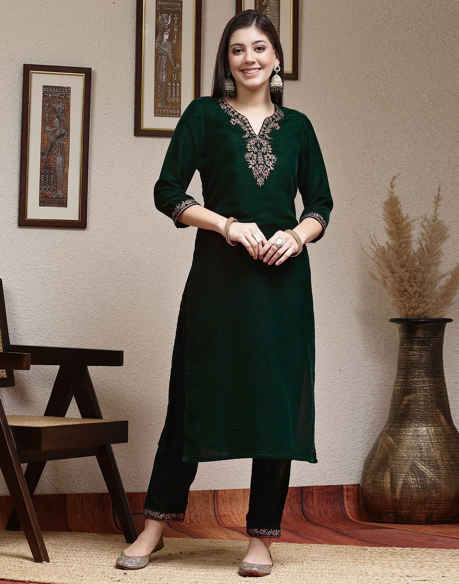 Dark Green Plain Velvet Straight Kurta Set With Dupatta