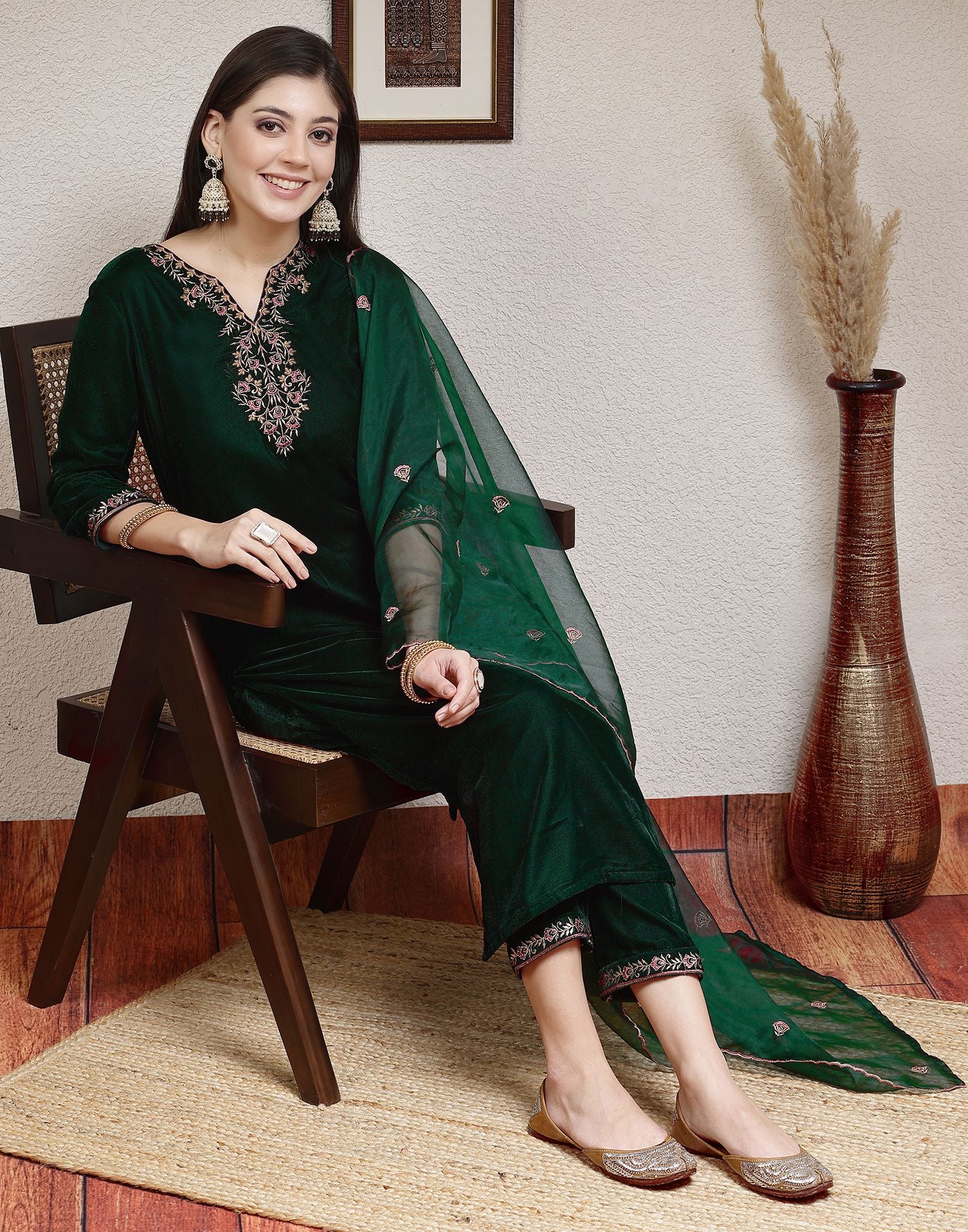 Dark Green Plain Velvet Straight Kurta Set With Dupatta