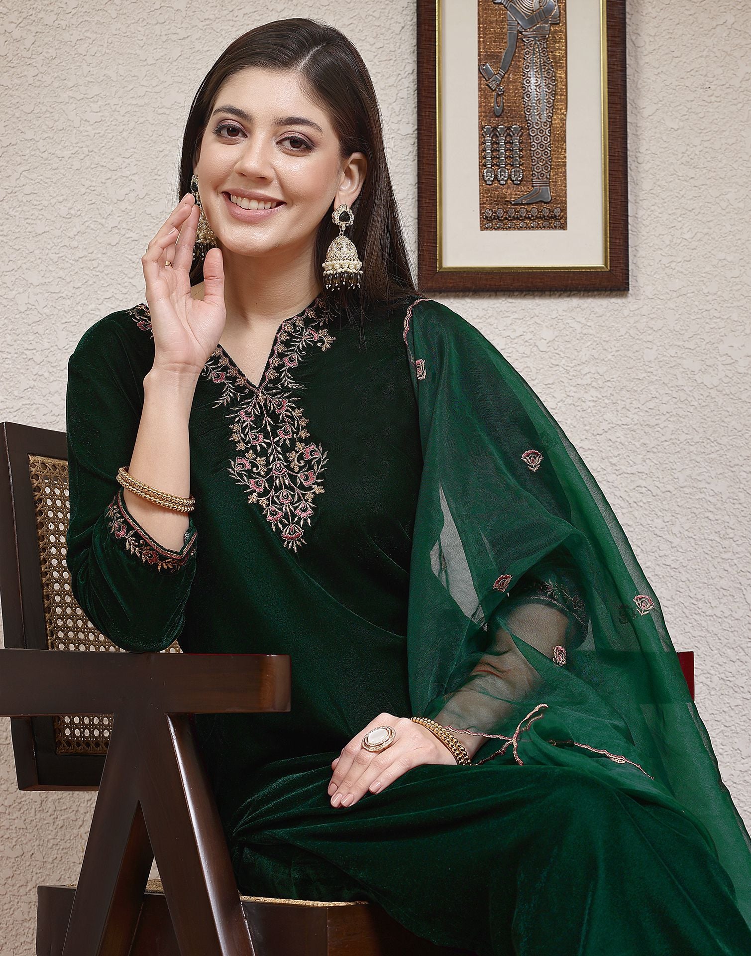 Dark Green Plain Velvet Straight Kurta Set With Dupatta