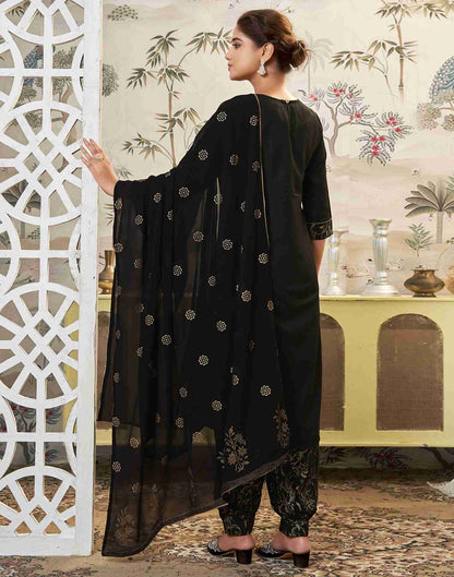 Black Embroidery Cotton Straight Kurta Set With Dupatta