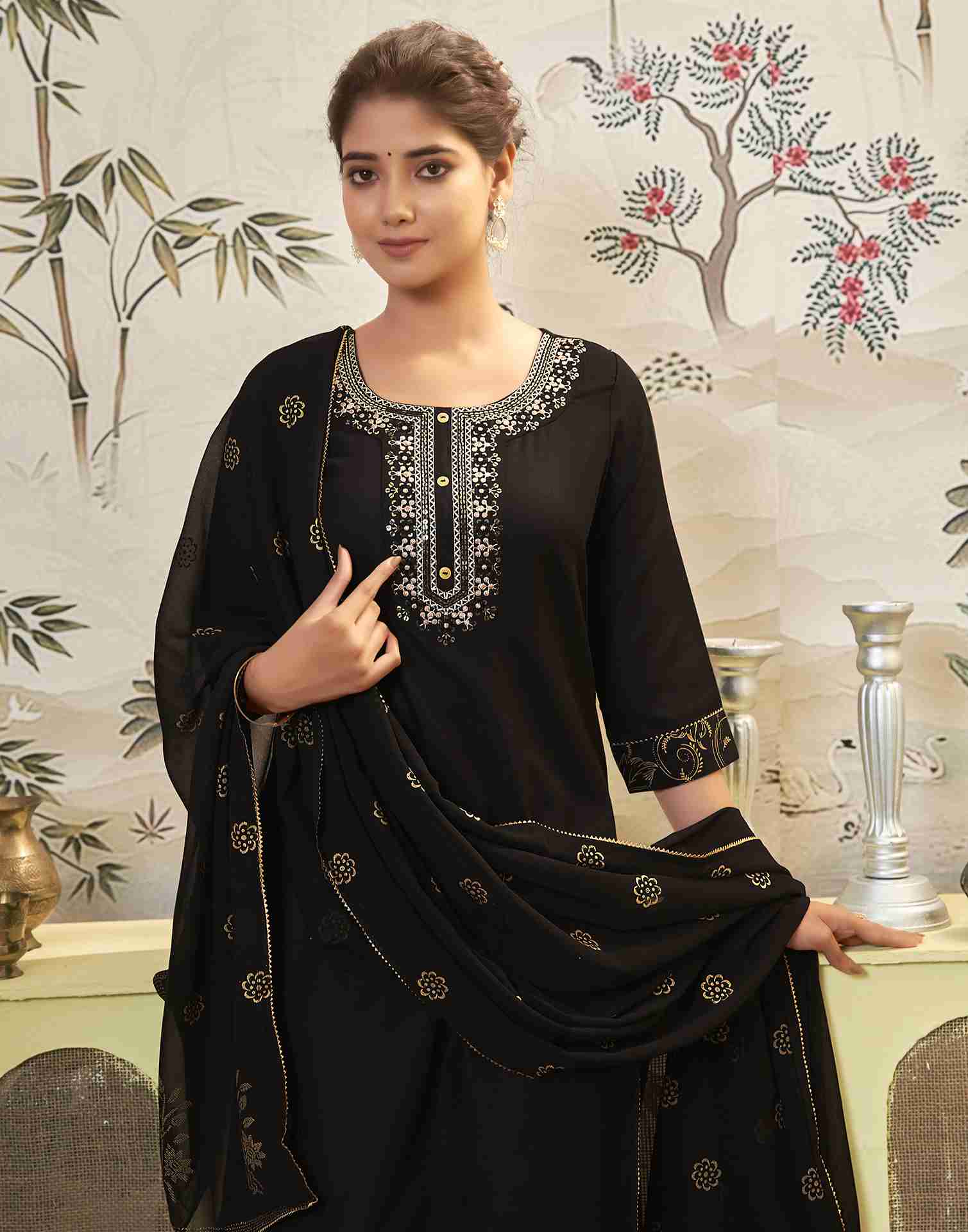 Black Embroidery Cotton Straight Kurta Set With Dupatta