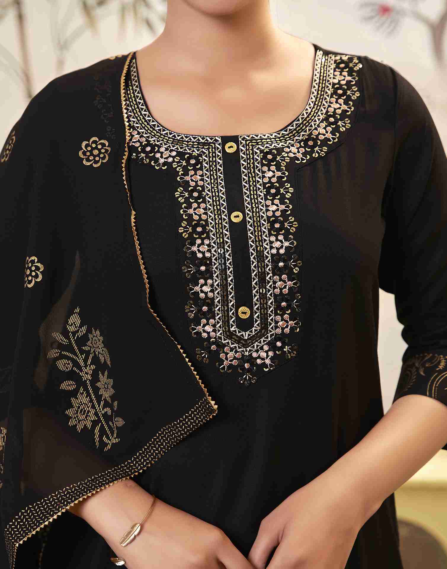 Black Embroidery Cotton Straight Kurta Set With Dupatta