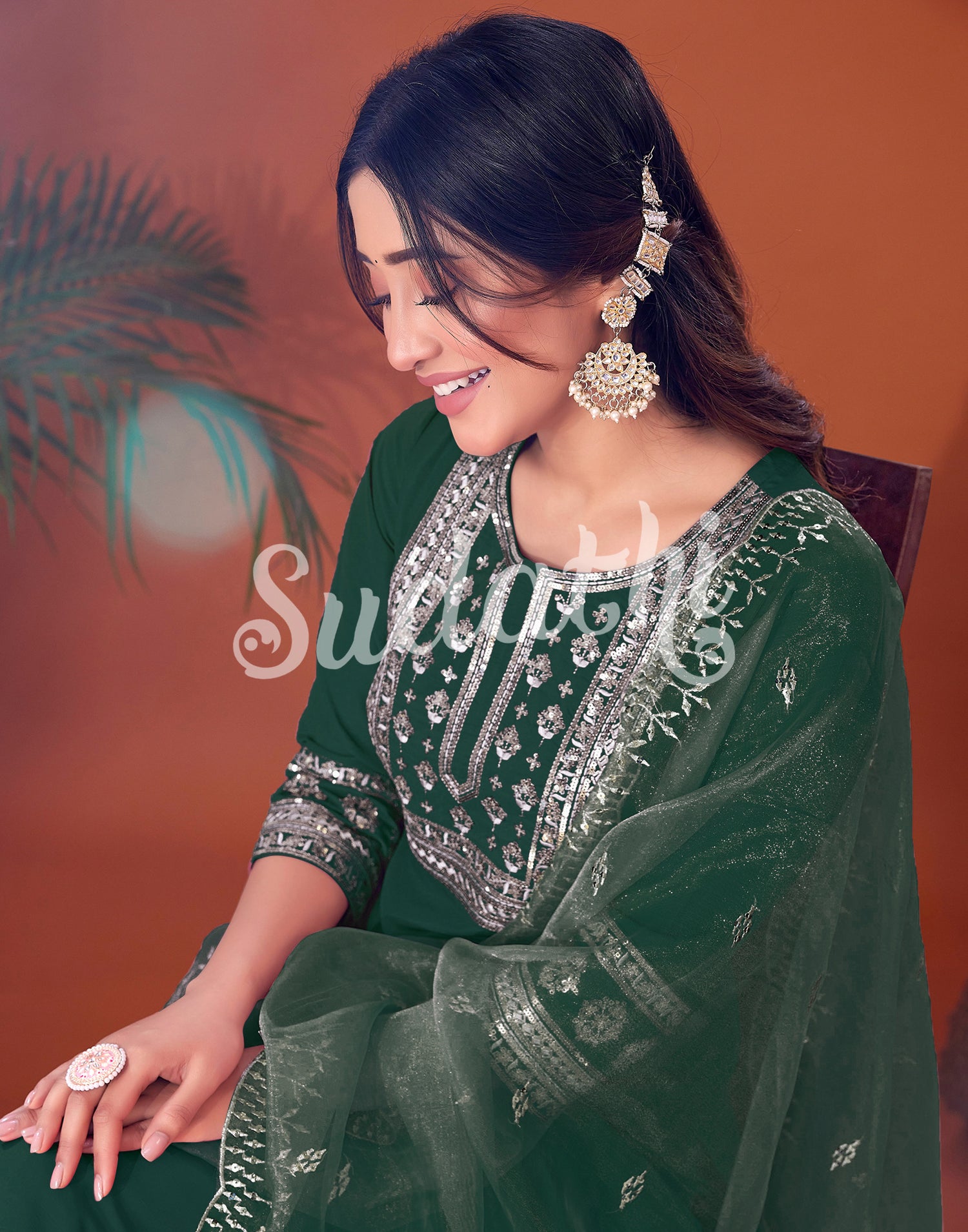 Dark Green Cotton Embroidery Straight Kurta Set With Dupatta