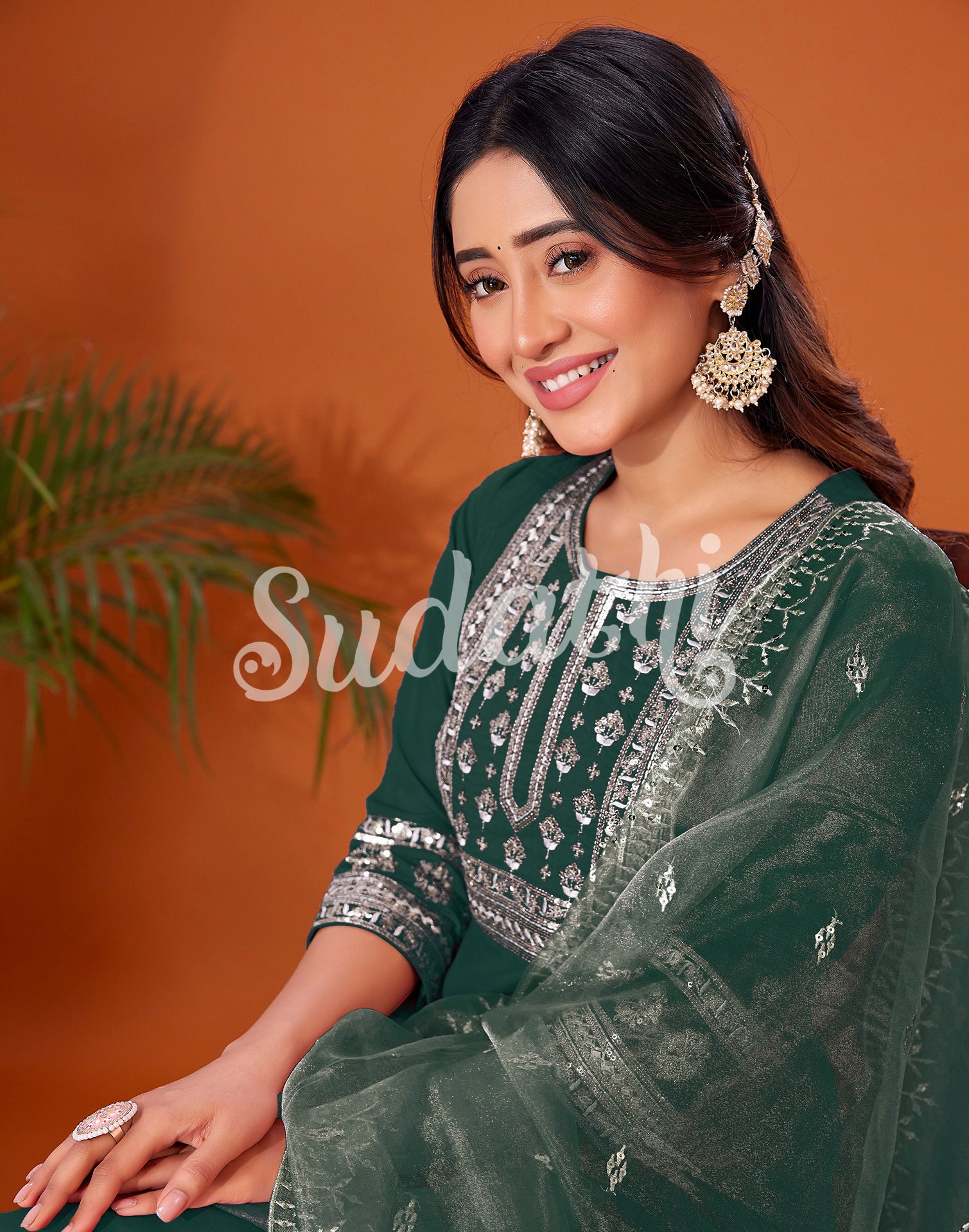 Dark Green Cotton Embroidery Straight Kurta Set With Dupatta