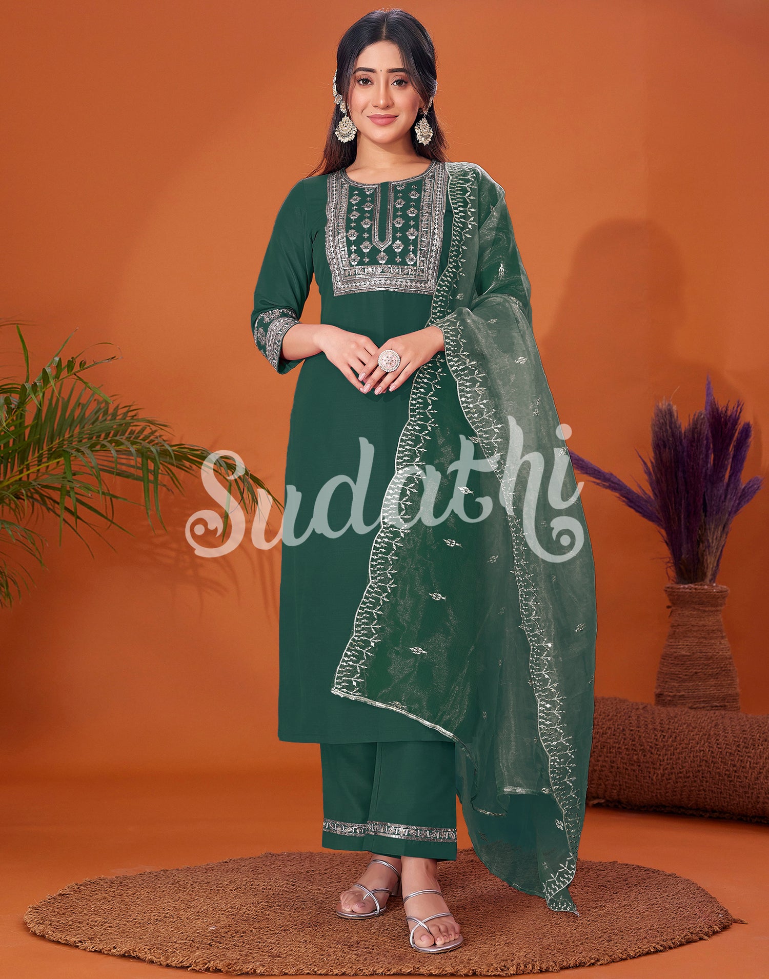 Dark Green Cotton Embroidery Straight Kurta Set With Dupatta