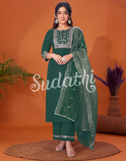 Dark Green Cotton Embroidery Straight Kurta Set With Dupatta