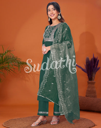 Dark Green Cotton Embroidery Straight Kurta Set With Dupatta