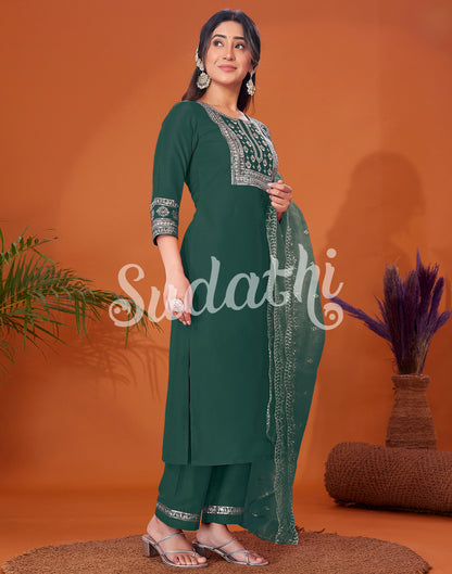 Dark Green Cotton Embroidery Straight Kurta Set With Dupatta