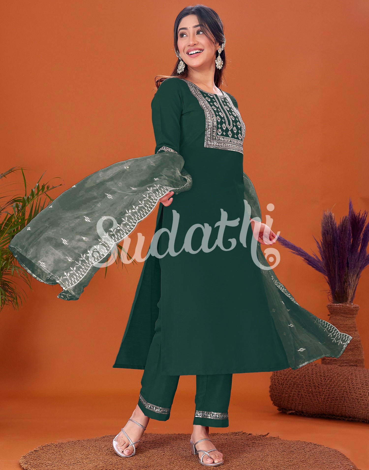 Dark Green Cotton Embroidery Straight Kurta Set With Dupatta