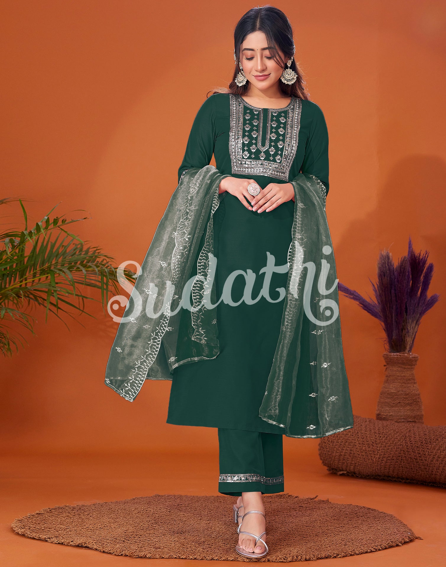 Dark Green Cotton Embroidery Straight Kurta Set With Dupatta