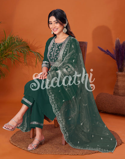 Dark Green Cotton Embroidery Straight Kurta Set With Dupatta