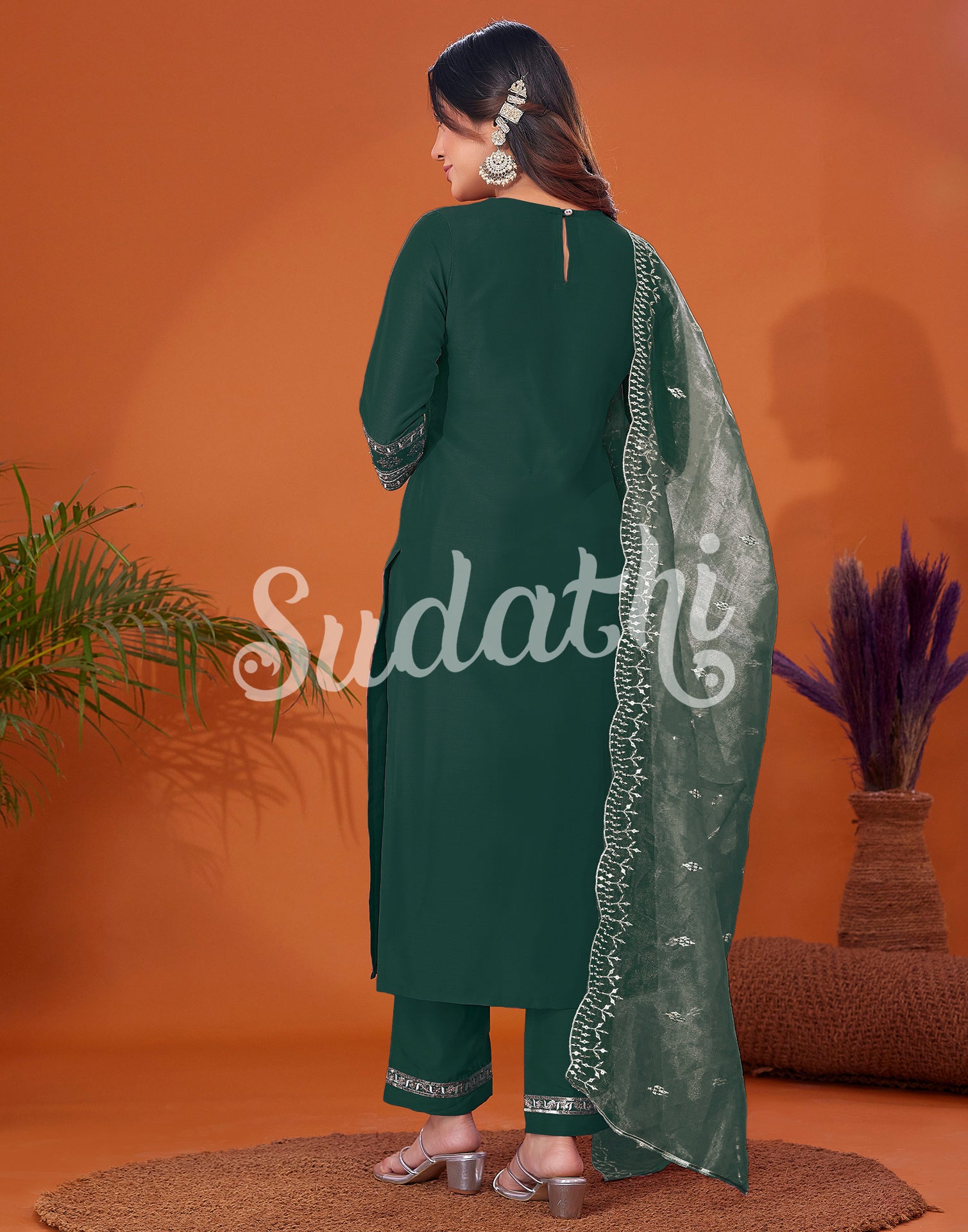 Dark Green Cotton Embroidery Straight Kurta Set With Dupatta