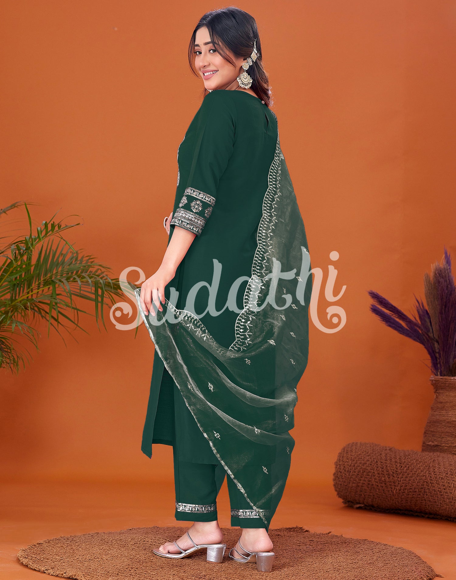 Dark Green Cotton Embroidery Straight Kurta Set With Dupatta