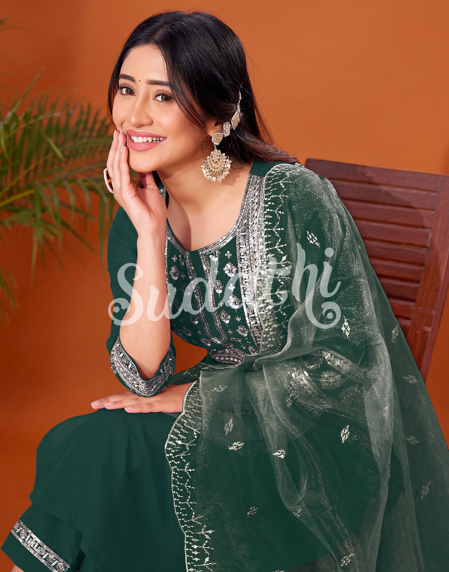 Dark Green Cotton Embroidery Straight Kurta Set With Dupatta