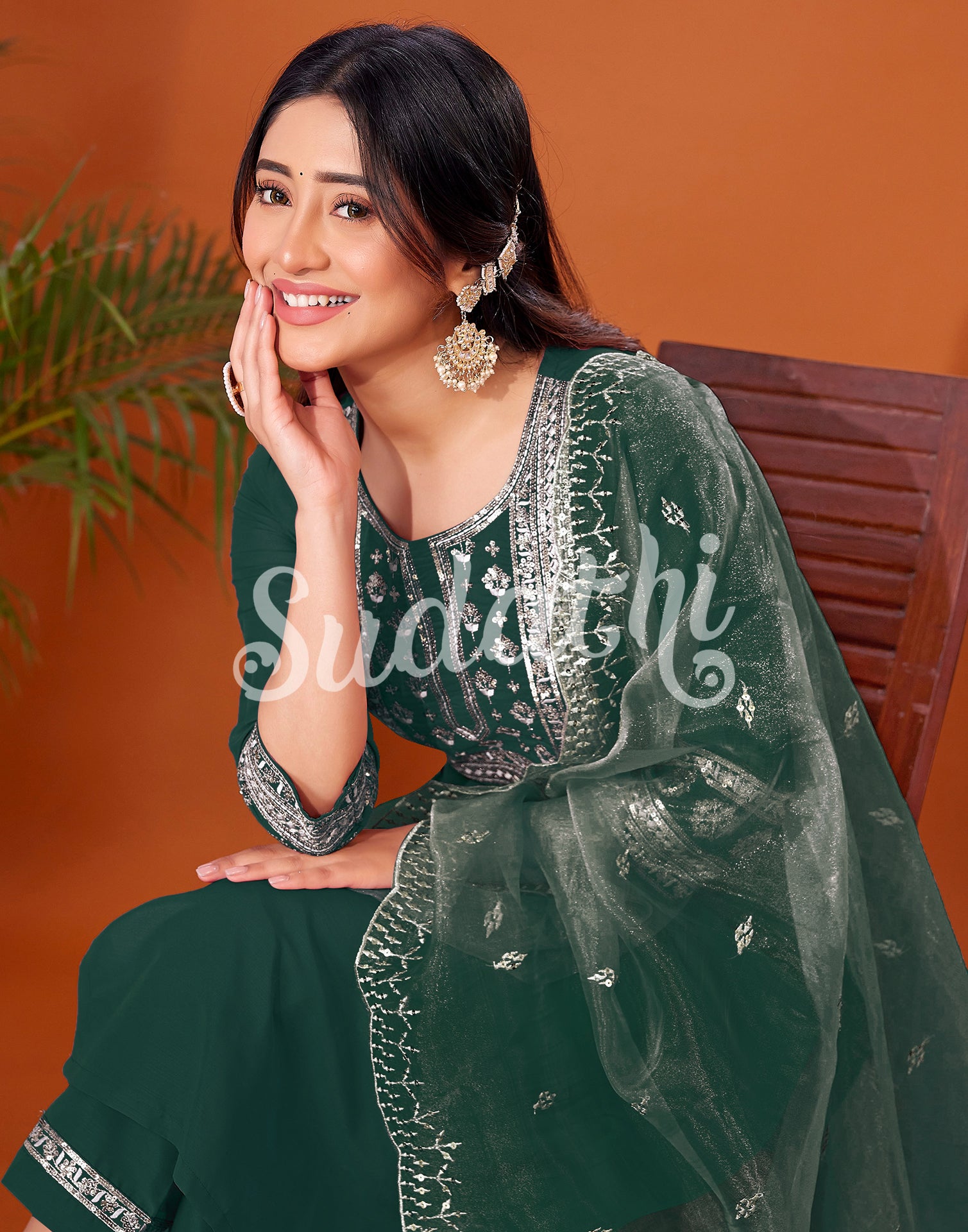 Dark Green Cotton Embroidery Straight Kurta Set With Dupatta