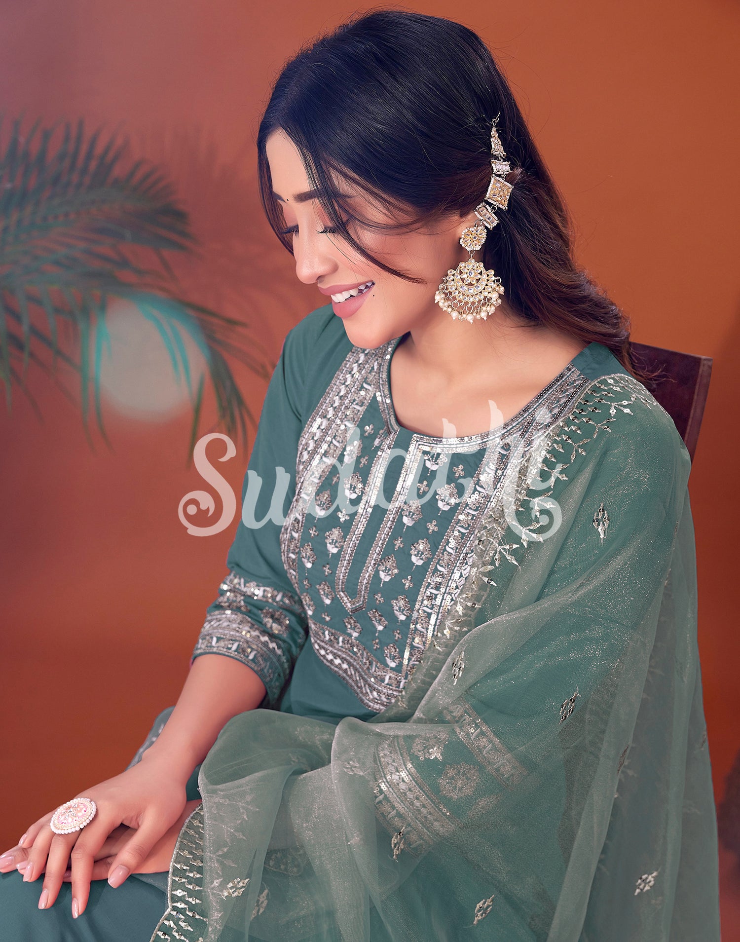 Aqua Green Cotton Embroidery Straight Kurta Set With Dupatta