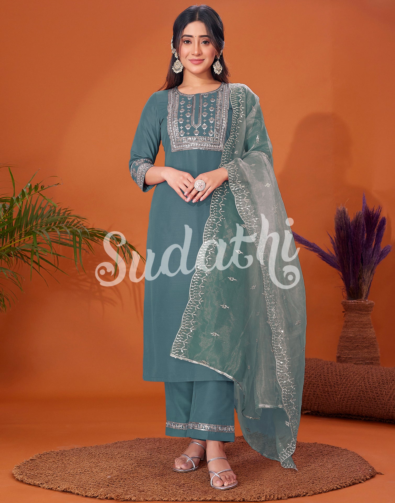 Aqua Green Cotton Embroidery Straight Kurta Set With Dupatta