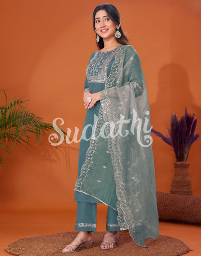 Aqua Green Cotton Embroidery Straight Kurta Set With Dupatta