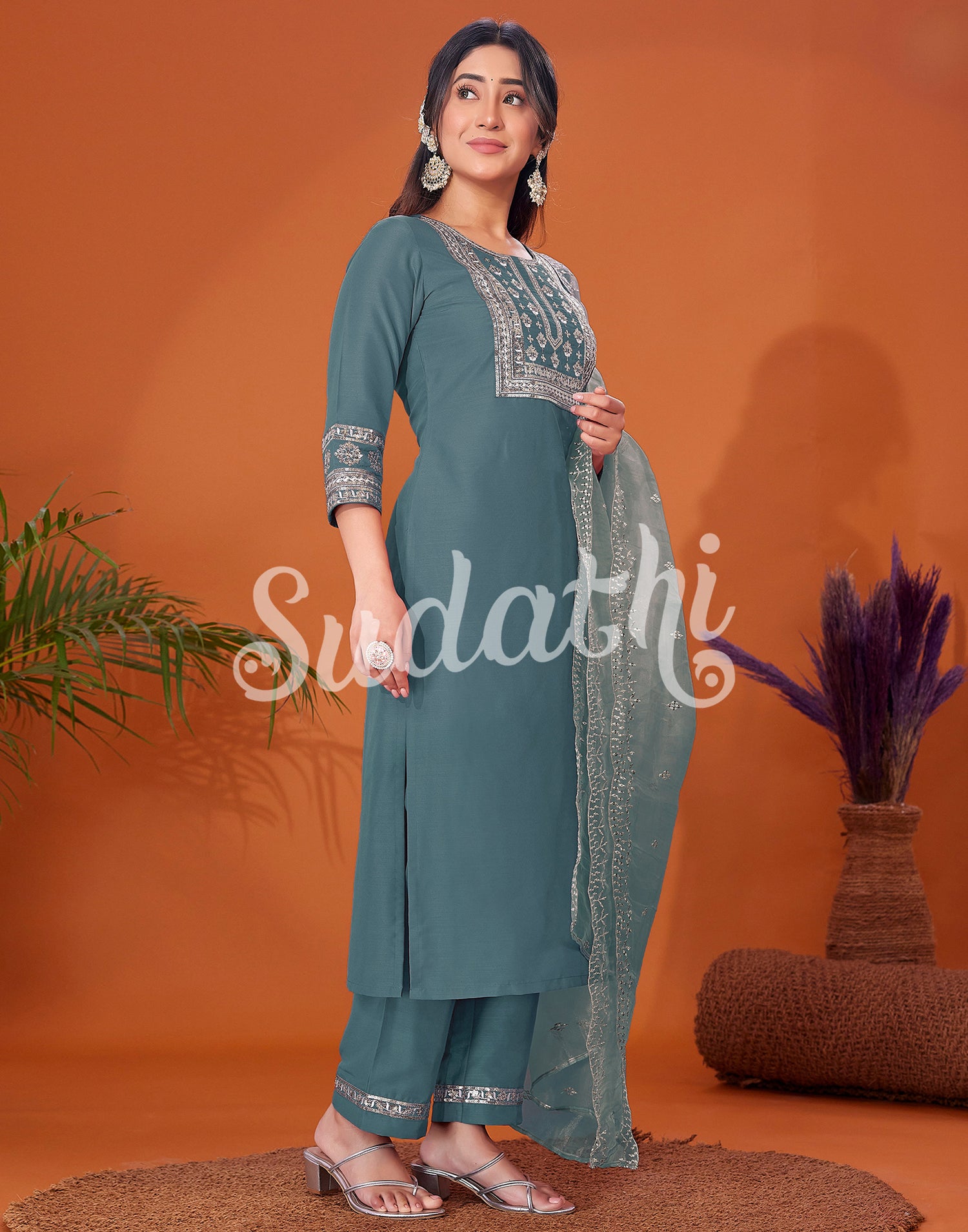 Aqua Green Cotton Embroidery Straight Kurta Set With Dupatta