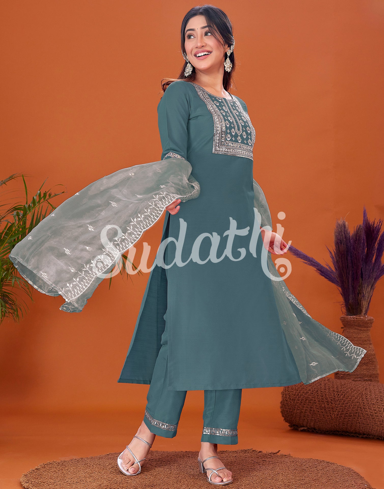 Aqua Green Cotton Embroidery Straight Kurta Set With Dupatta