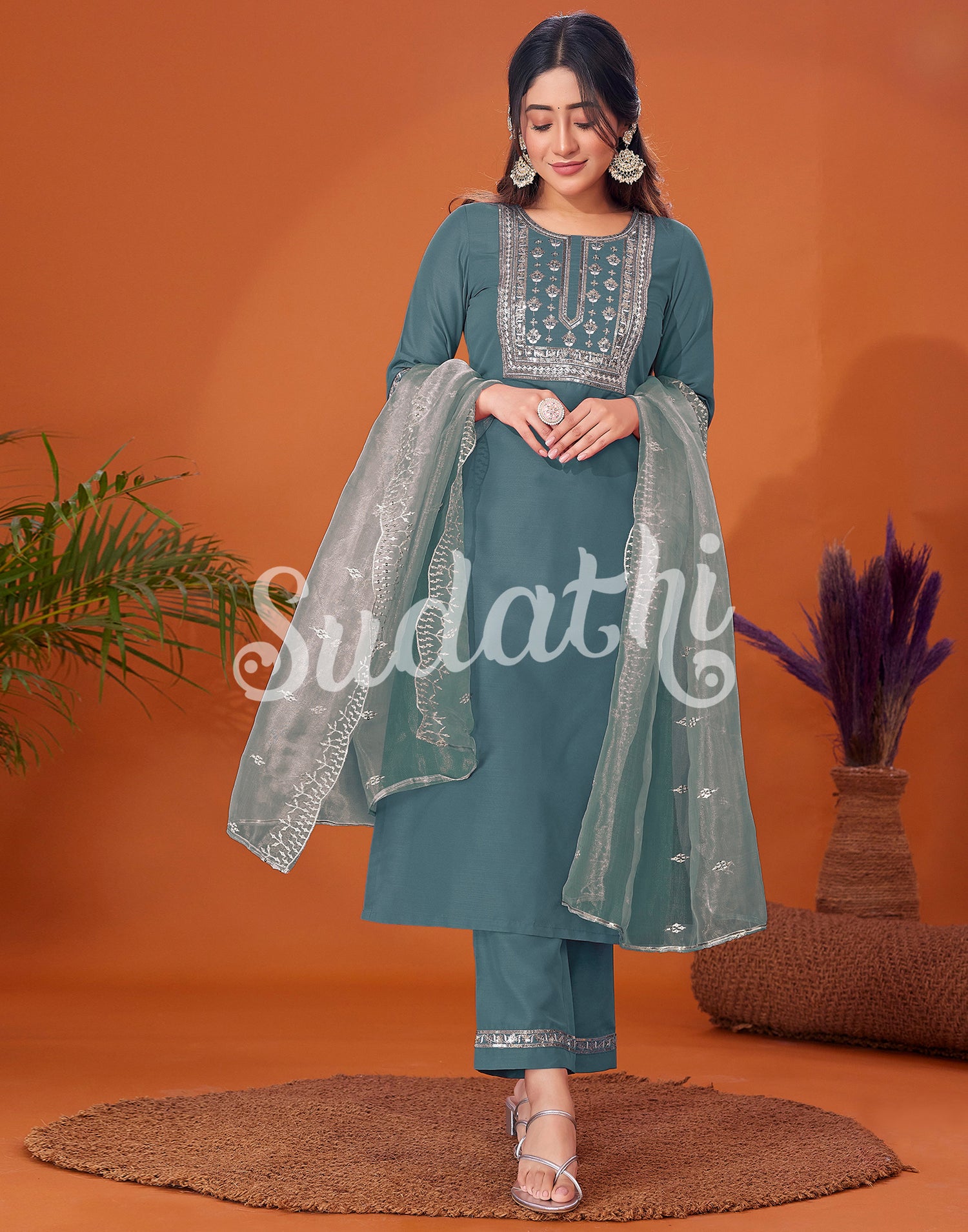 Aqua Green Cotton Embroidery Straight Kurta Set With Dupatta