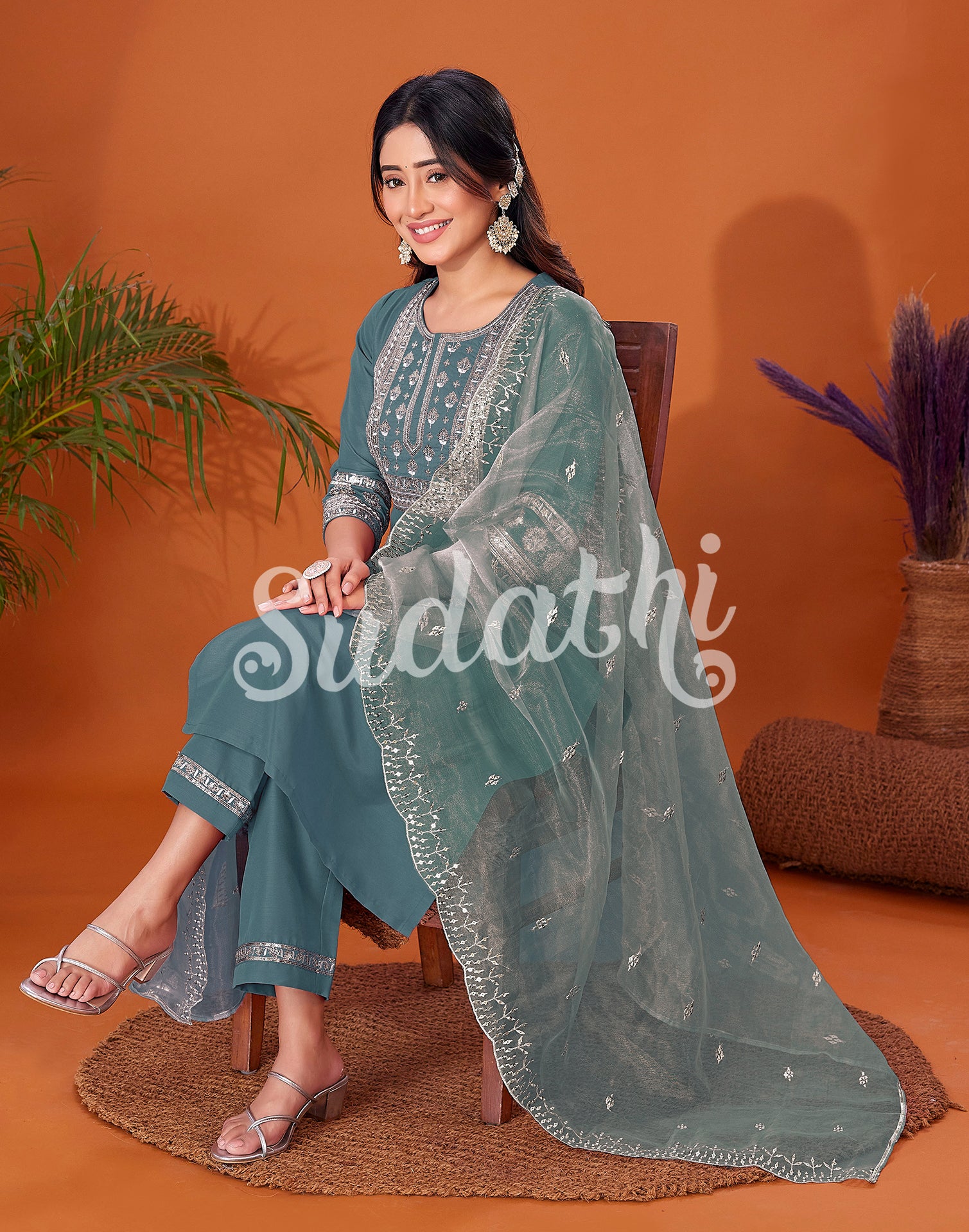 Aqua Green Cotton Embroidery Straight Kurta Set With Dupatta