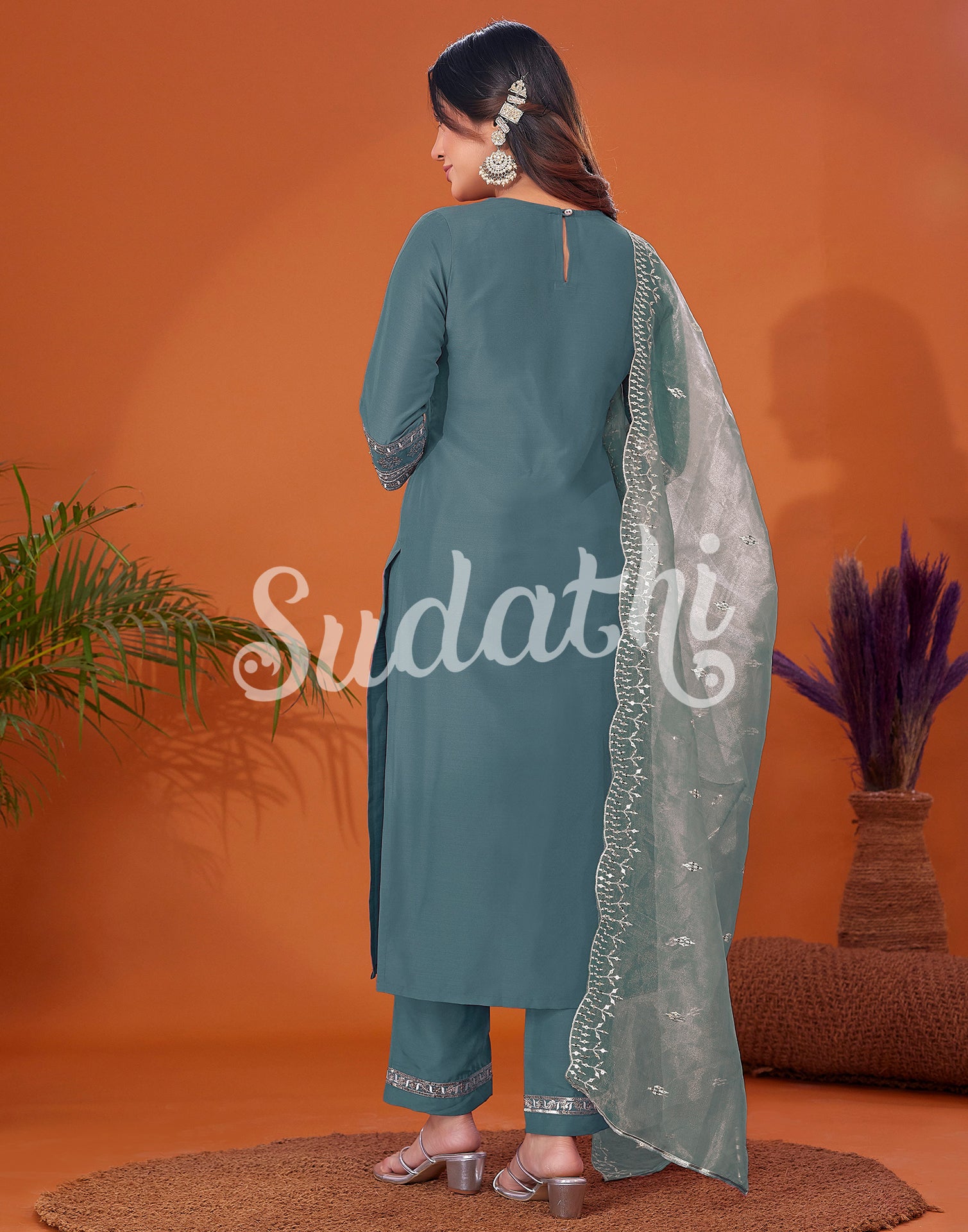 Aqua Green Cotton Embroidery Straight Kurta Set With Dupatta