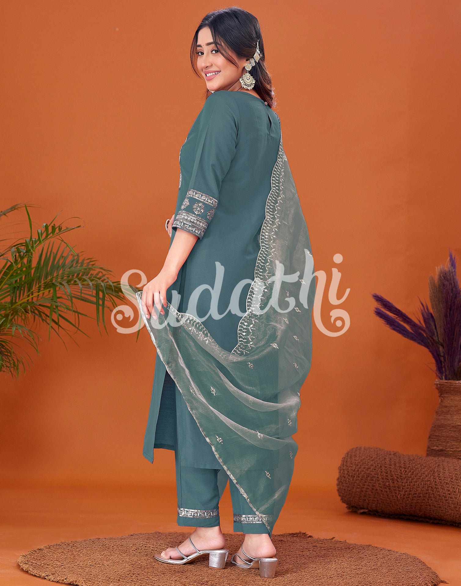 Aqua Green Cotton Embroidery Straight Kurta Set With Dupatta