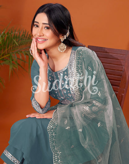 Aqua Green Cotton Embroidery Straight Kurta Set With Dupatta