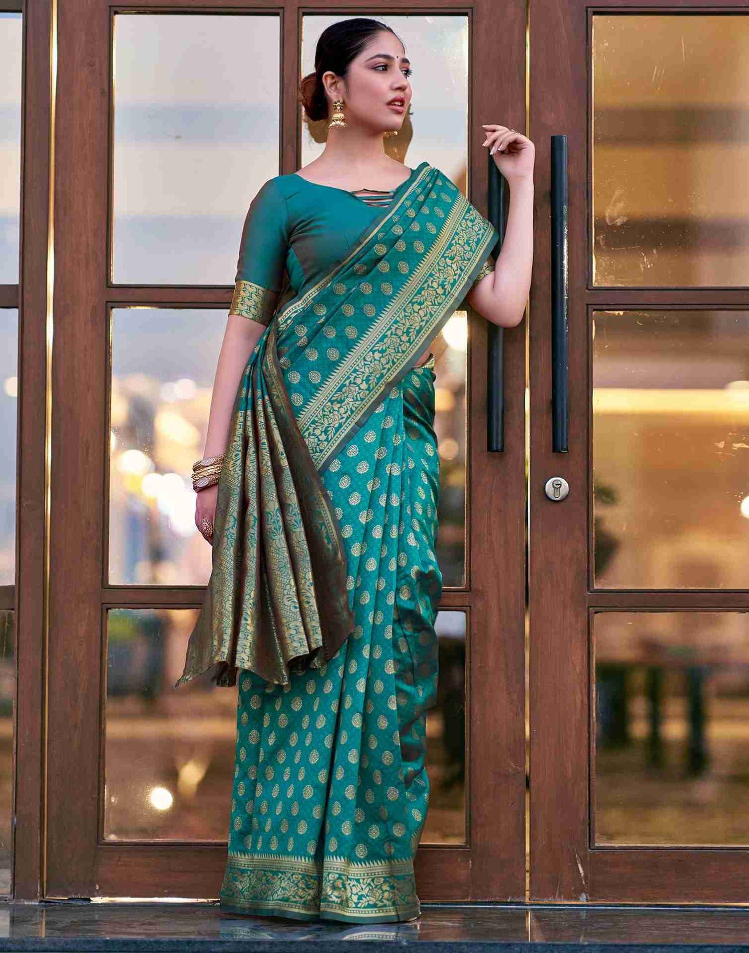 Teal Blue Silk Weaving Saree