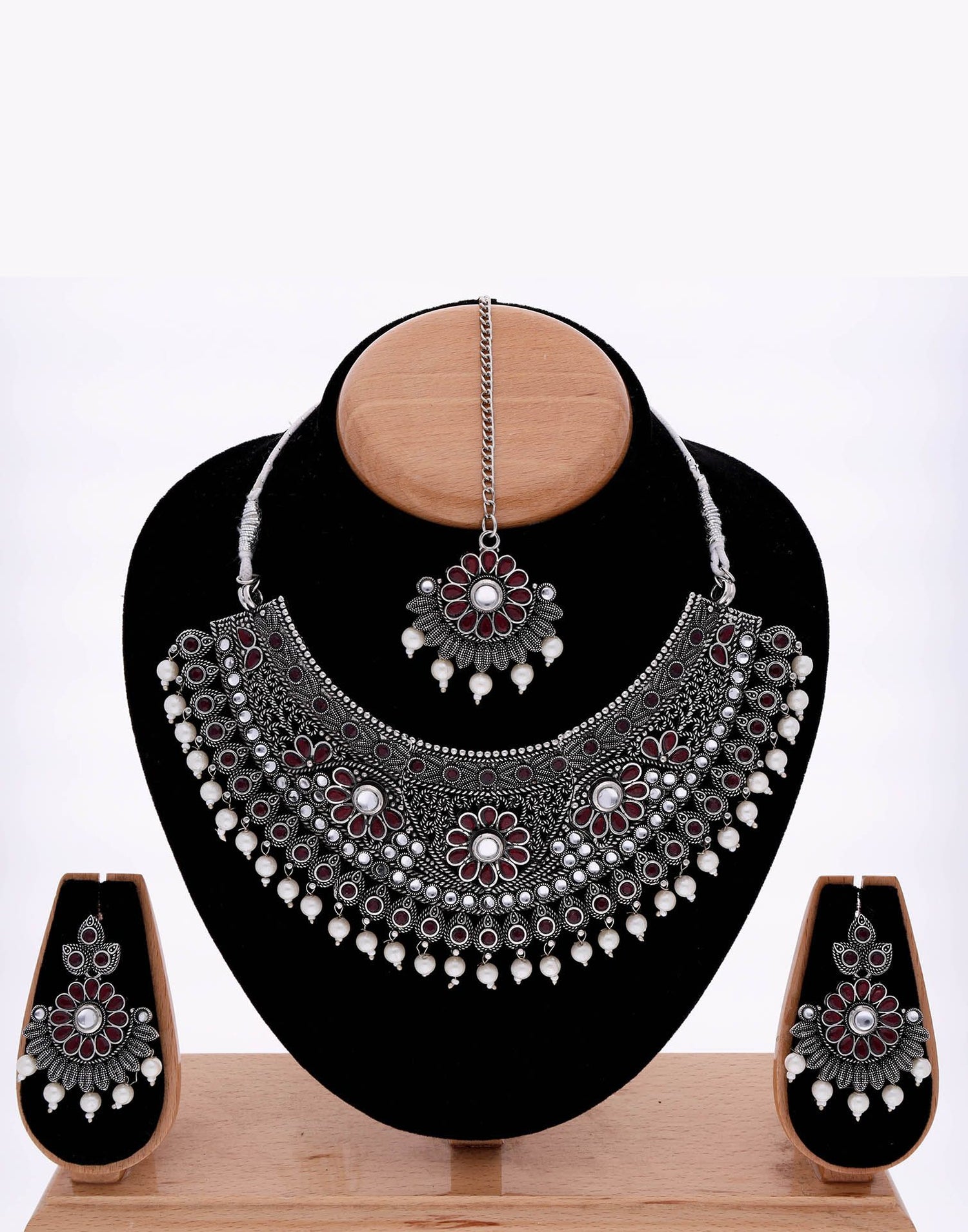 Maroon Silver Choker Necklace Set With Dangle Earring