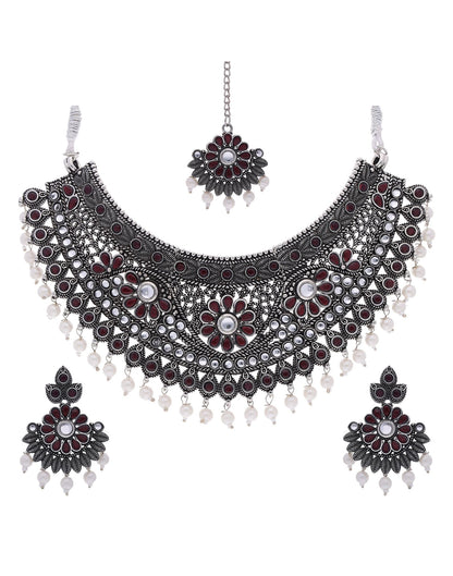 Maroon Silver Choker Necklace Set With Dangle Earring