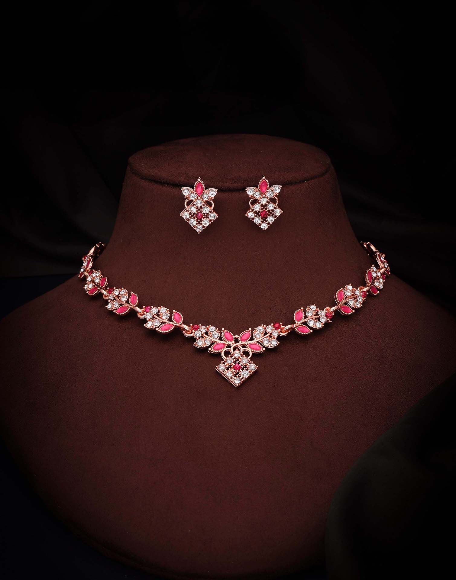 Pink Rose Gold Choker Necklace Set With Stud Earring