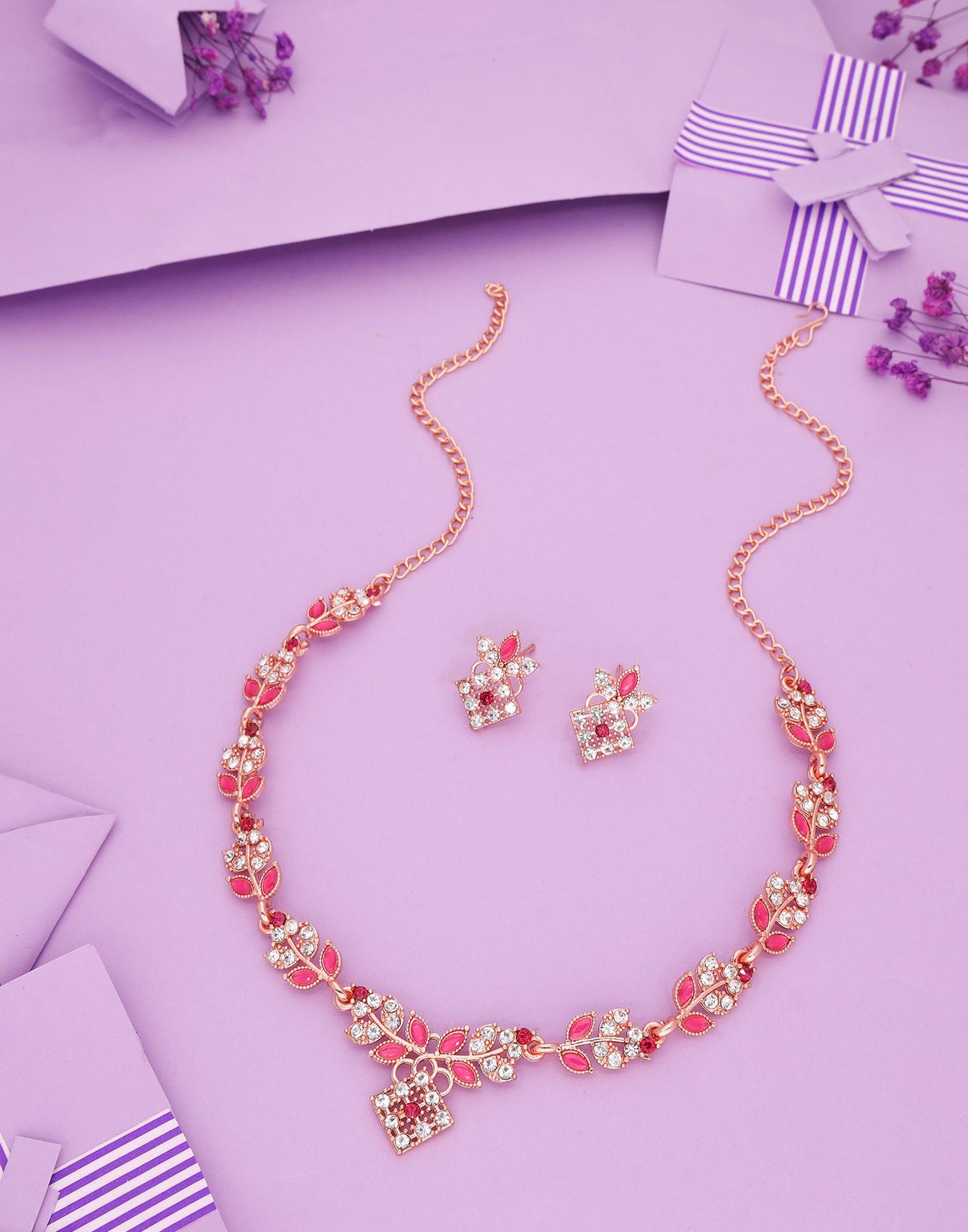 Pink Rose Gold Choker Necklace Set With Stud Earring