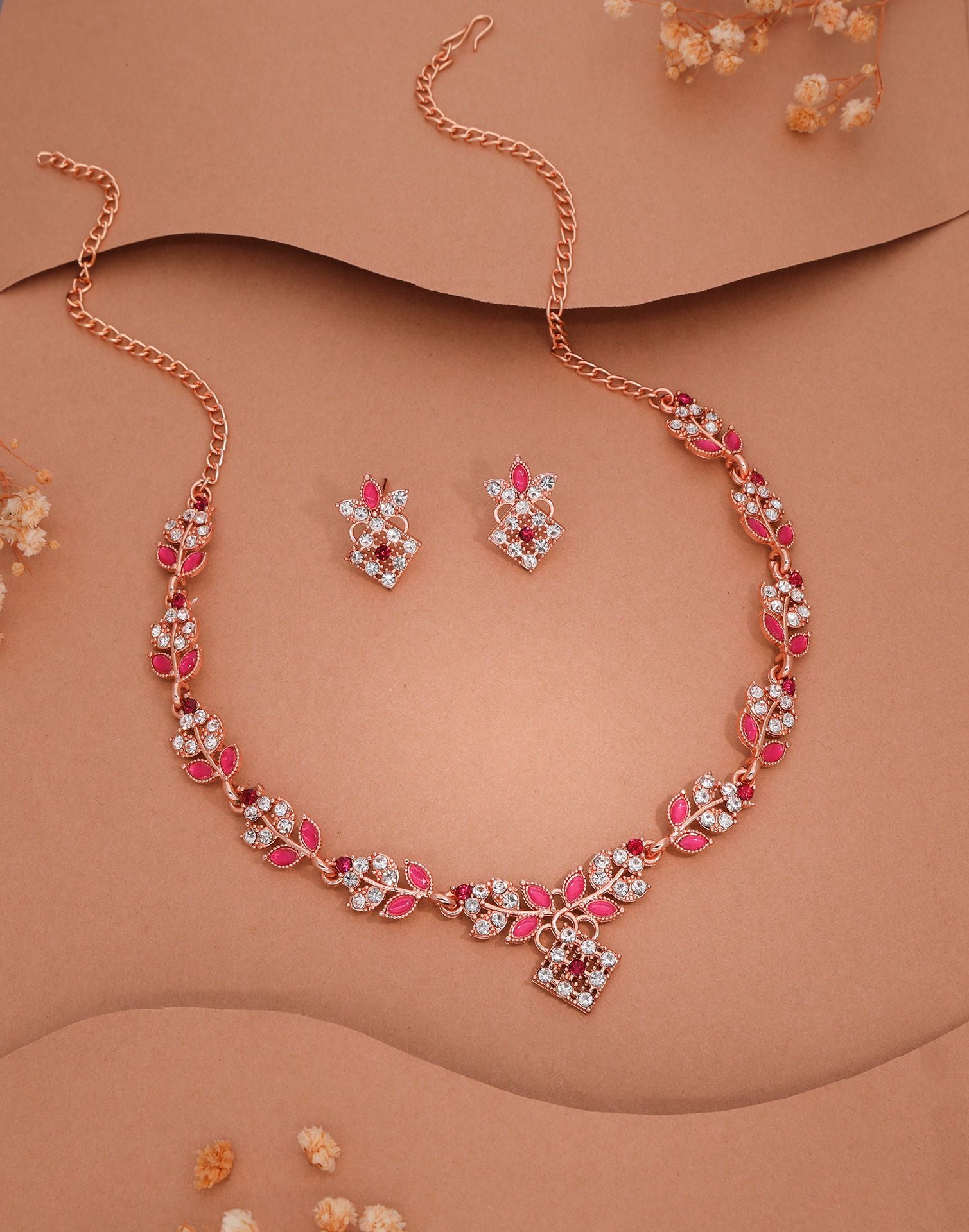 Pink Rose Gold Choker Necklace Set With Stud Earring