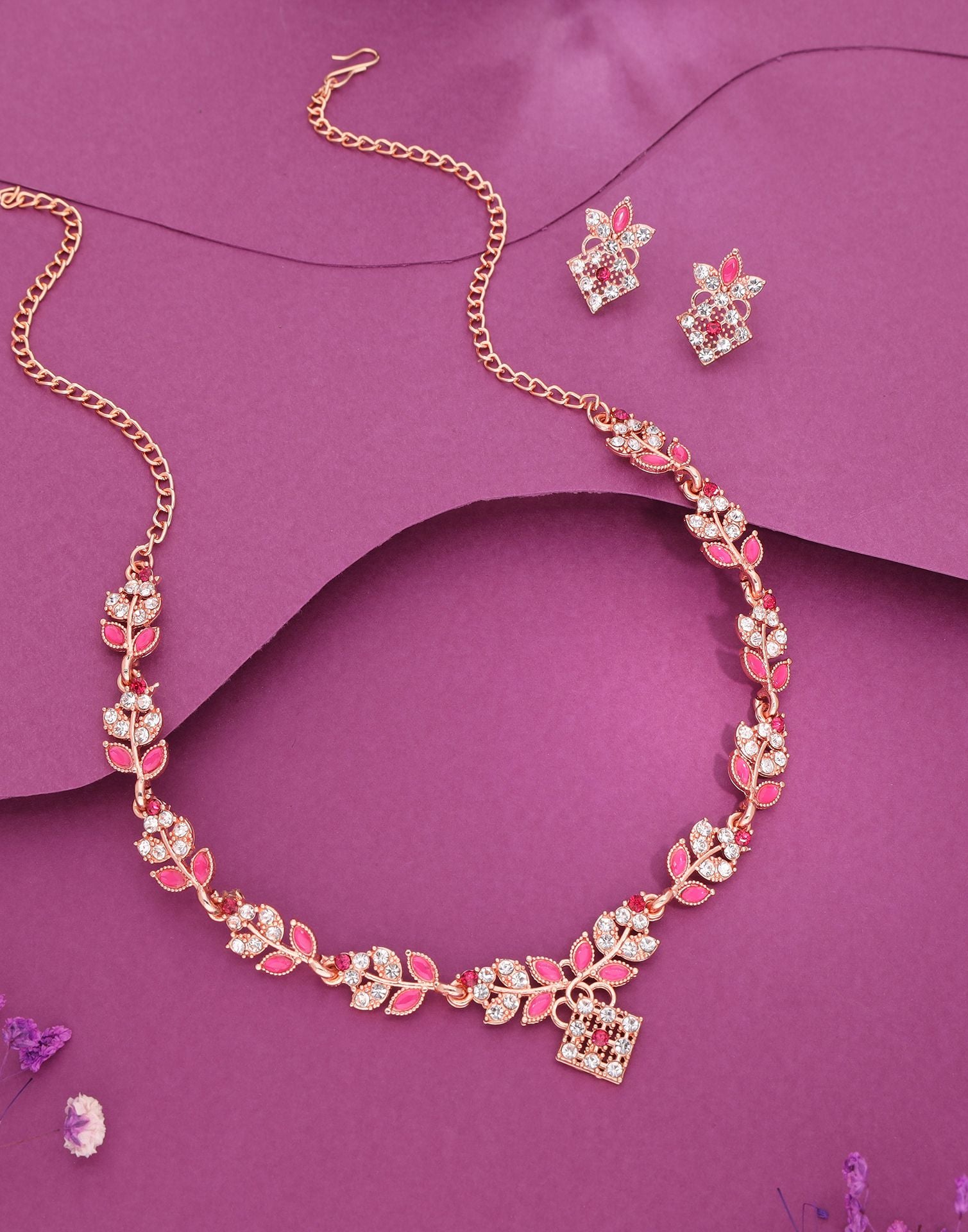 Pink Rose Gold Choker Necklace Set With Stud Earring