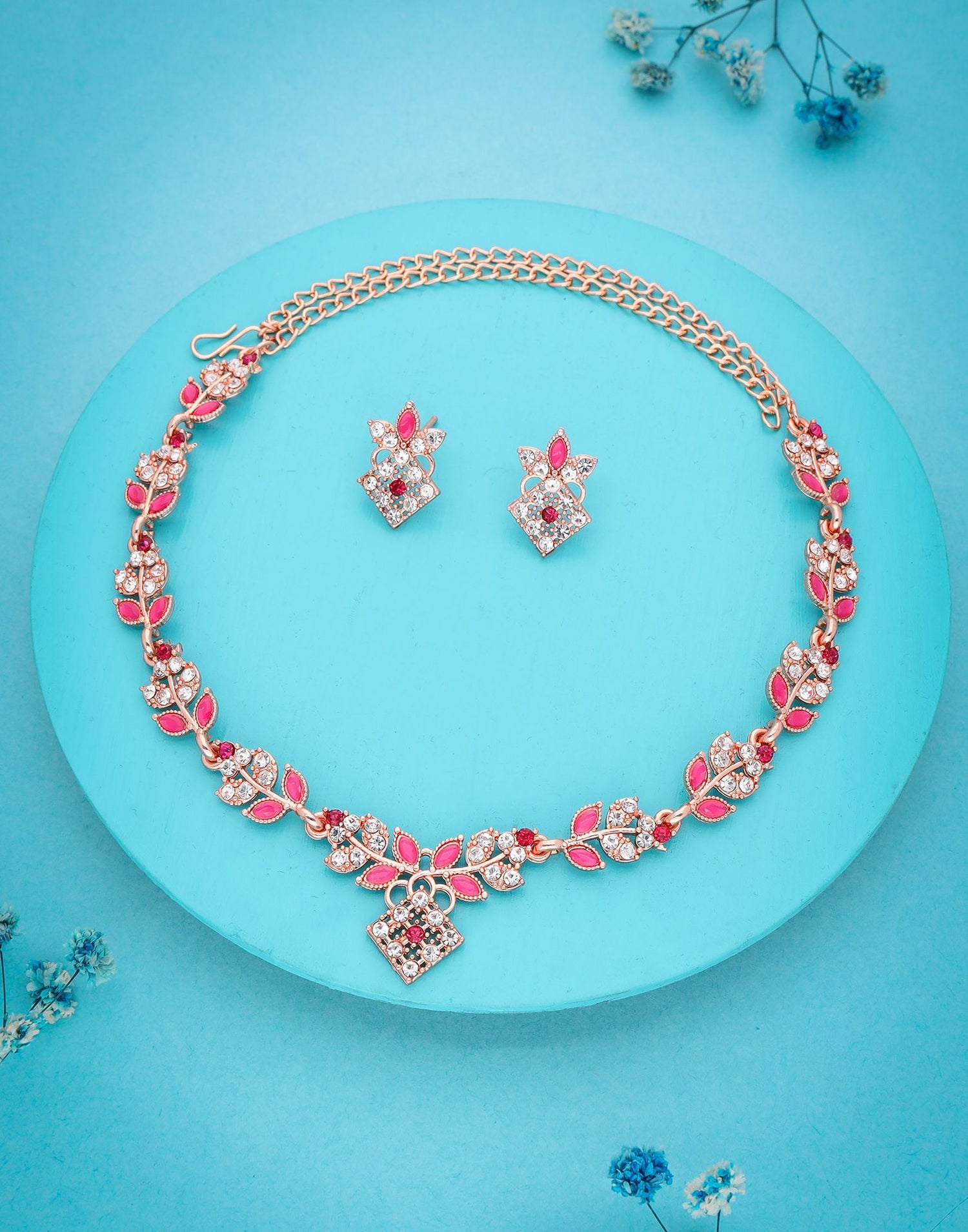 Pink Rose Gold Choker Necklace Set With Stud Earring