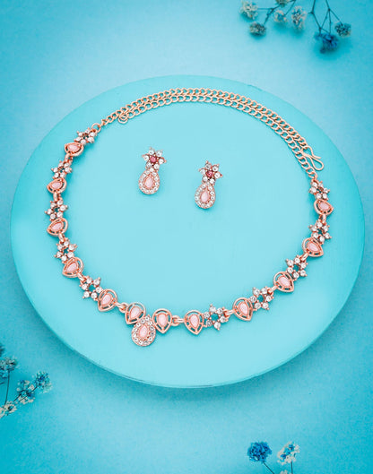 Pink Rose Gold Choker Necklace Set With Stud Earring