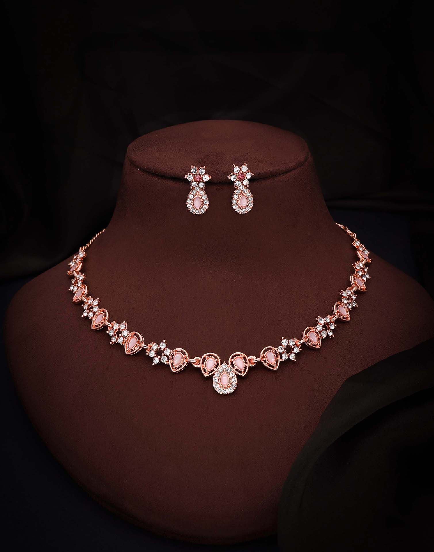 Pink Rose Gold Choker Necklace Set With Stud Earring