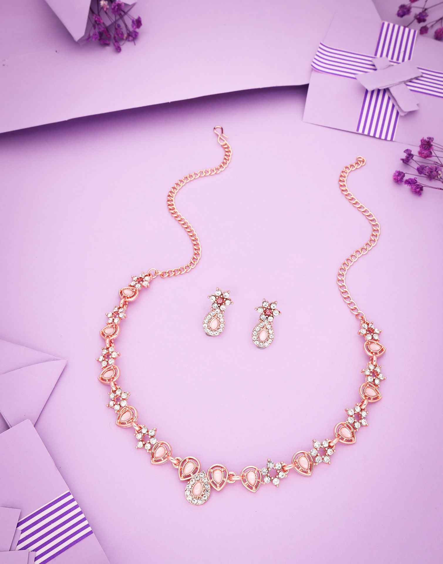 Pink Rose Gold Choker Necklace Set With Stud Earring