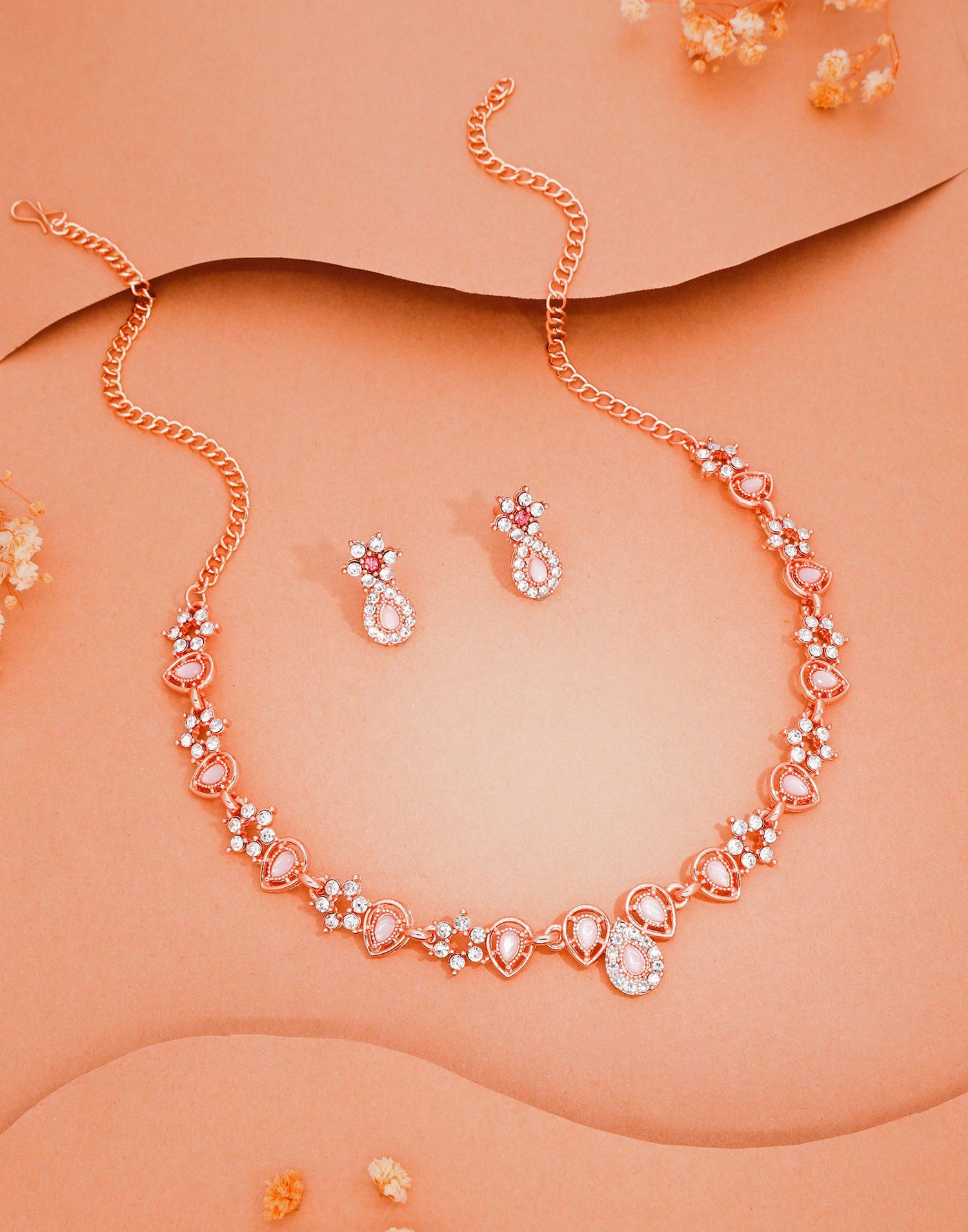 Pink Rose Gold Choker Necklace Set With Stud Earring