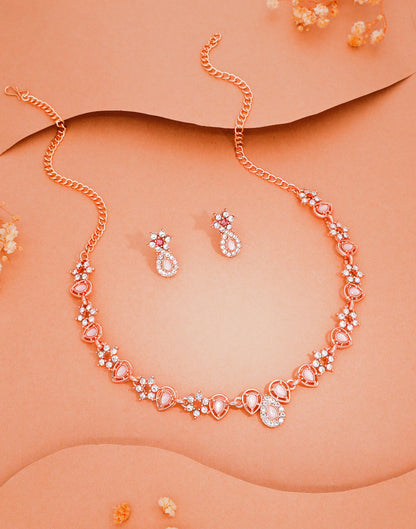 Pink Rose Gold Choker Necklace Set With Stud Earring