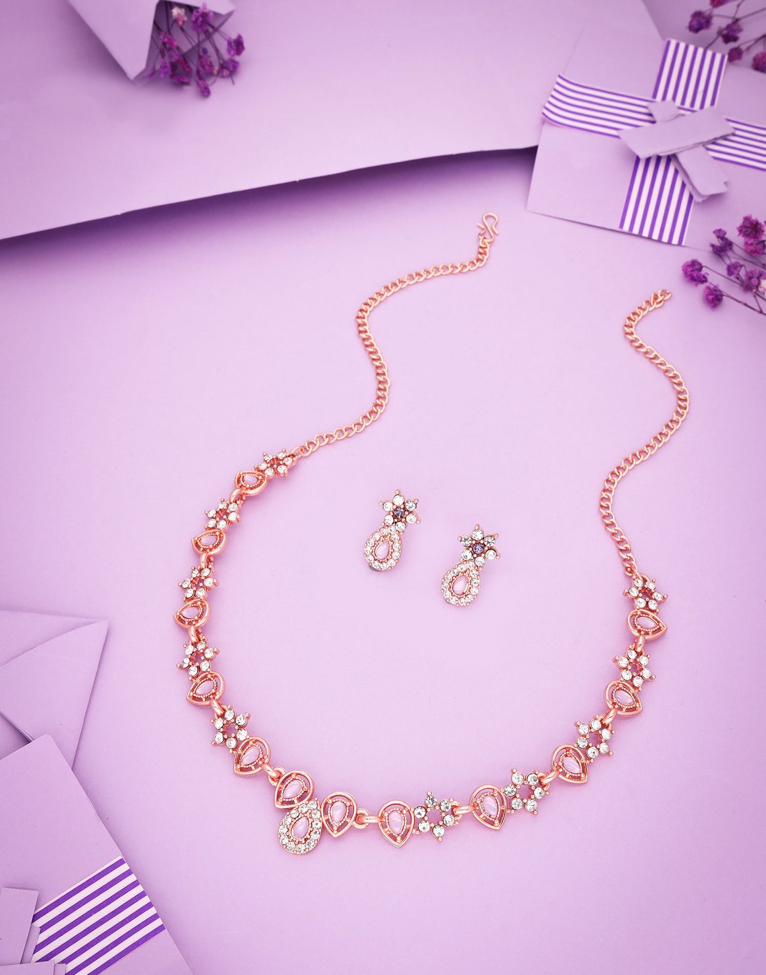 Lavender Rose Gold Choker Necklace Set With Stud Earring