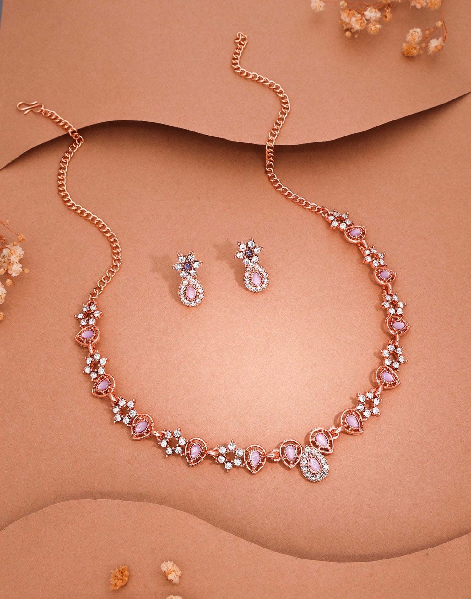 Lavender Rose Gold Choker Necklace Set With Stud Earring